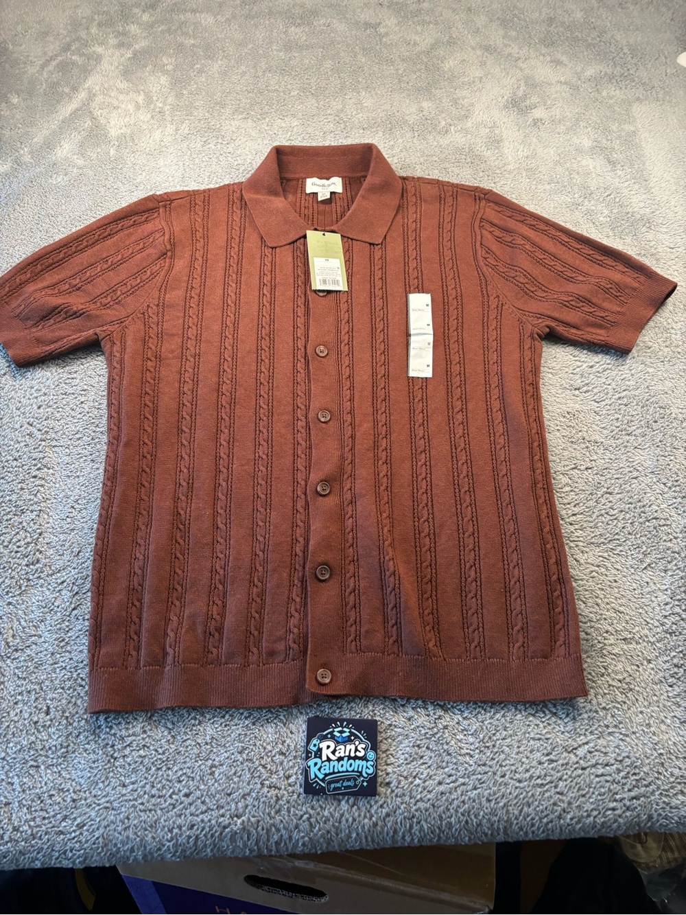 New Goodfellow & Co Men’s M Brown Cable Knit Full Button Sweater Polo Shirt NWT
